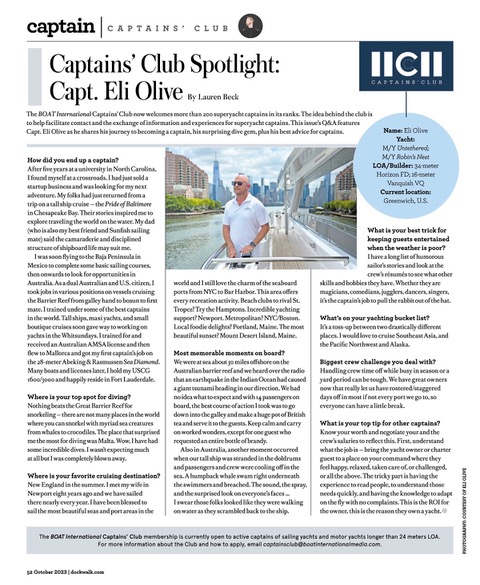 Magazine article layout about Captain's Club spotlighting Cpt. Eli Olive.